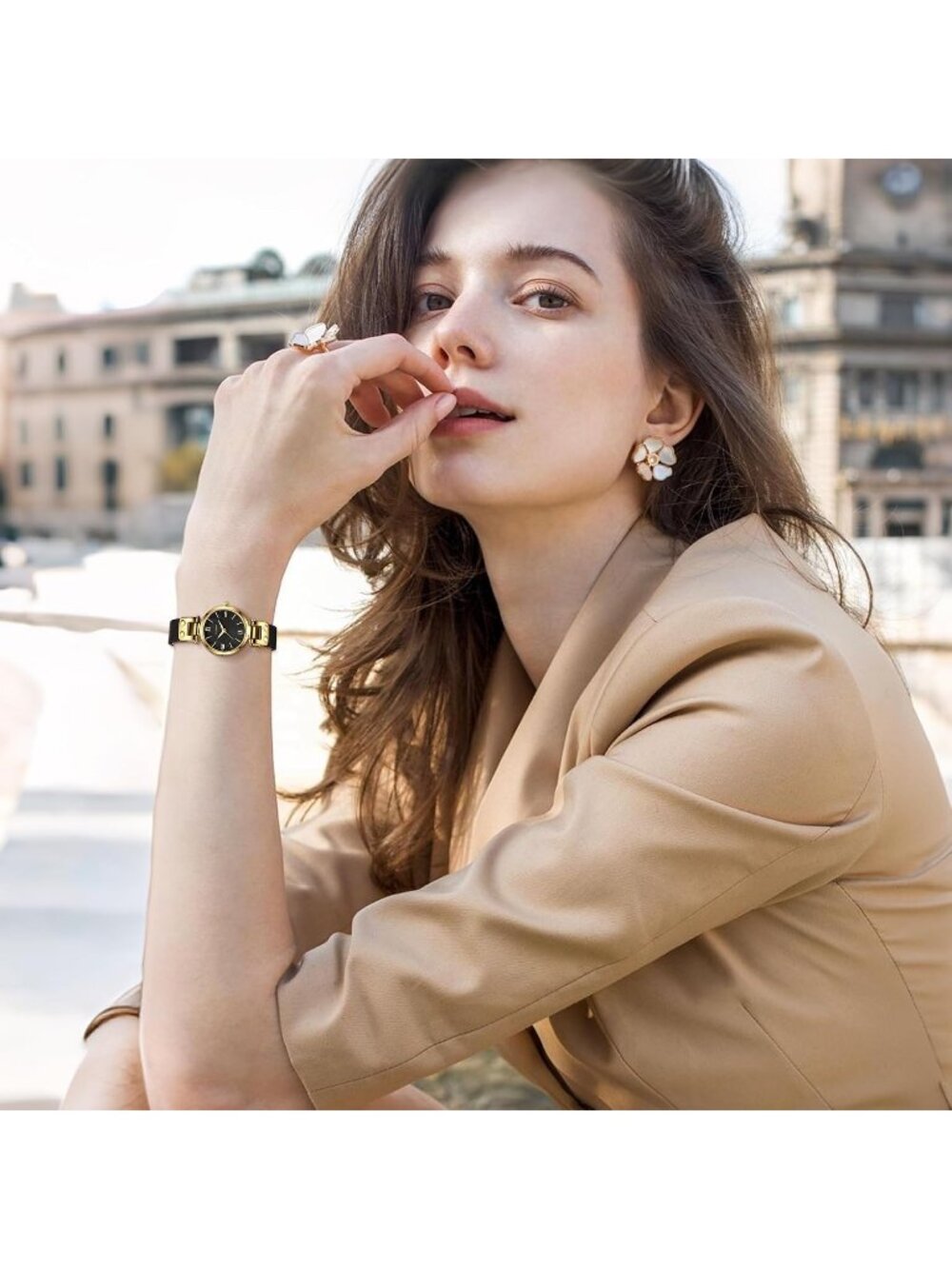 Women's All Black Elegant Classic Small Gold Leather Stylish Ladies Wrist Watch - Picture 7 of 7